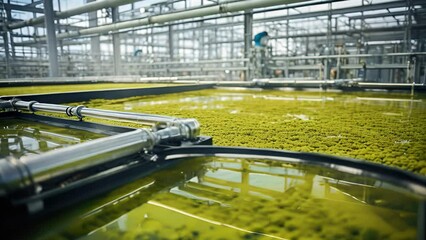 An enormous tank filled with algae cultivation beds, meticulously maintained by workers, highlighting the sites commitment to sustainable algaebased carbon capture and biofuel production.