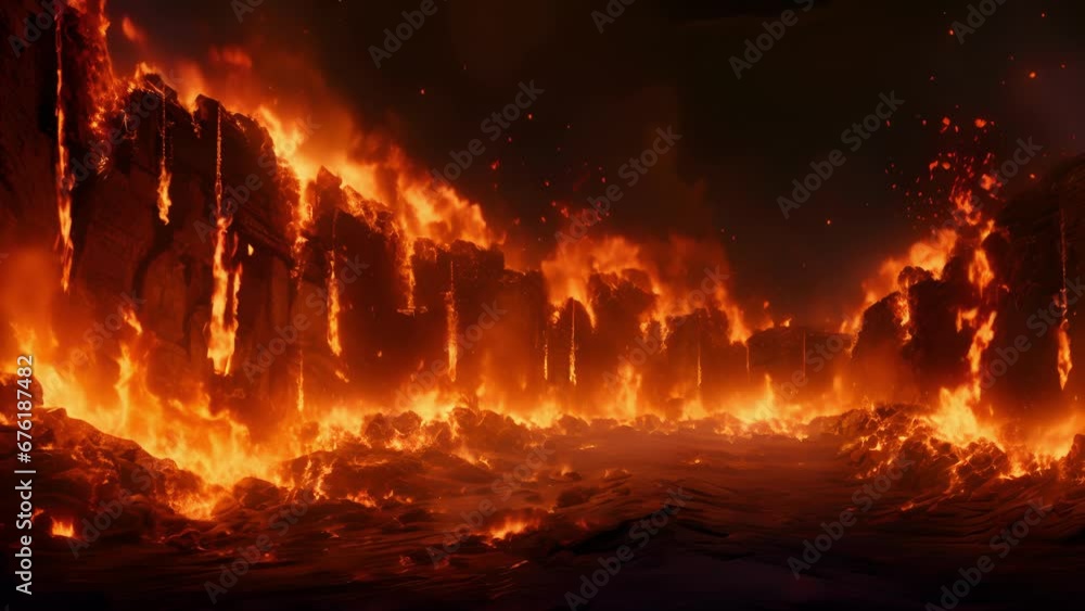 Poster a wall of searing flames erupts from the ground quickly rising up to the sky before collapsing and c