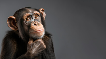 Confused chimpanzee is thinking something isolated on gray background - obrazy, fototapety, plakaty