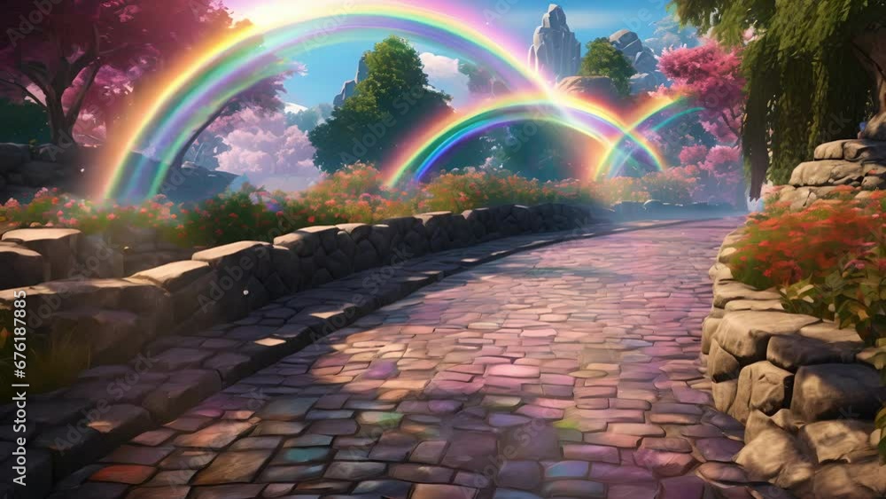 Poster a winding cobblestone path connected with dazzling crystalline bridges illuminated by sparkling jets
