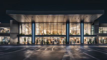 Night time Front view of a Shopping mall with glass windows and glass doors