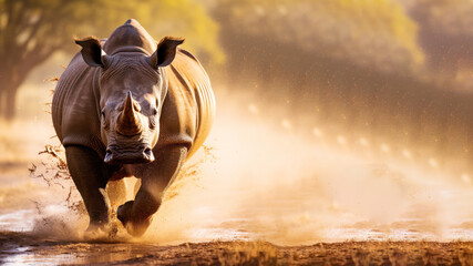 A rhino is running in the hot and dusty savanna - obrazy, fototapety, plakaty