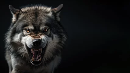 Selbstklebende Fototapeten Angry wolf roaring ready to attack isolated on gray background © pariketan