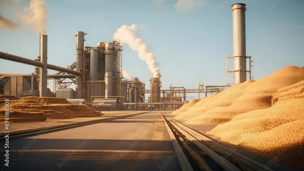 Poster of a massive biomass storage and handling area within the refinery, showcasing stacks of neatly pile
