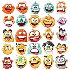 Retro 30s cartoon mascot characters funny faces. 50s, 60s old animation eyes and mouths elements. Vintage comic smile for logo vector set. Smiley caricatures with happy and cheerful emotions, PNG file