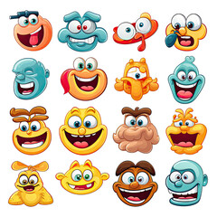 Fototapeta premium Retro 30s cartoon mascot characters funny faces. 50s, 60s old animation eyes and mouths elements. Vintage comic smile for logo vector set. Smiley caricatures with happy and cheerful emotions, PNG file