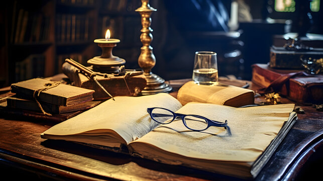 old parchment with books,spectacles and pen on antique writing desk. generative AI.