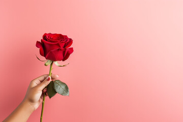 girl hand with red rose on red pink background