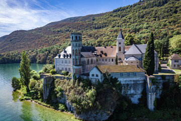 Fototapeta na wymiar Aerial view of Abbey of Hautecombe, or Abbaye d'Hautecombe, in Savoie, France