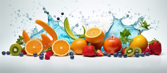 The creative summer concept of a white background showcases the sale on healthy fruits and vegetables with a burst of vibrant orange and blue colors inside a metal supermarket embodying the