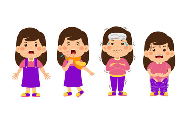 Kids Girl Unhealthy  Vector Illustration