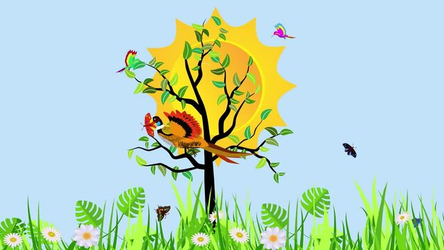 cartoon pheasant, tree grass sun and butterflies rainbow animation