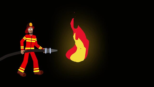 fireman extinguishes a burning fire animation