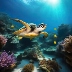 Tortuga marina nadando en el fondo del mar  - obrazy, fototapety, plakaty
