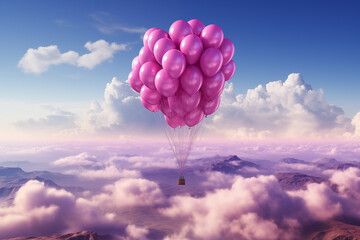 구름 위를 날아가는 헬륨가스로 가득찬 마법같은 풍선들  - obrazy, fototapety, plakaty