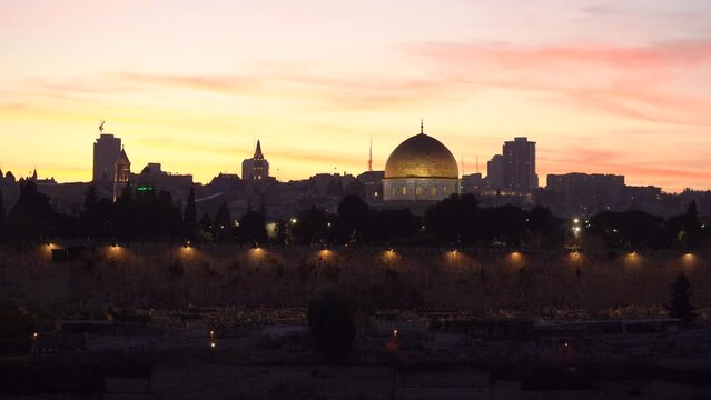 Jerusalem Holy Sites and Skyline on a Beautiful Sunset Dusk