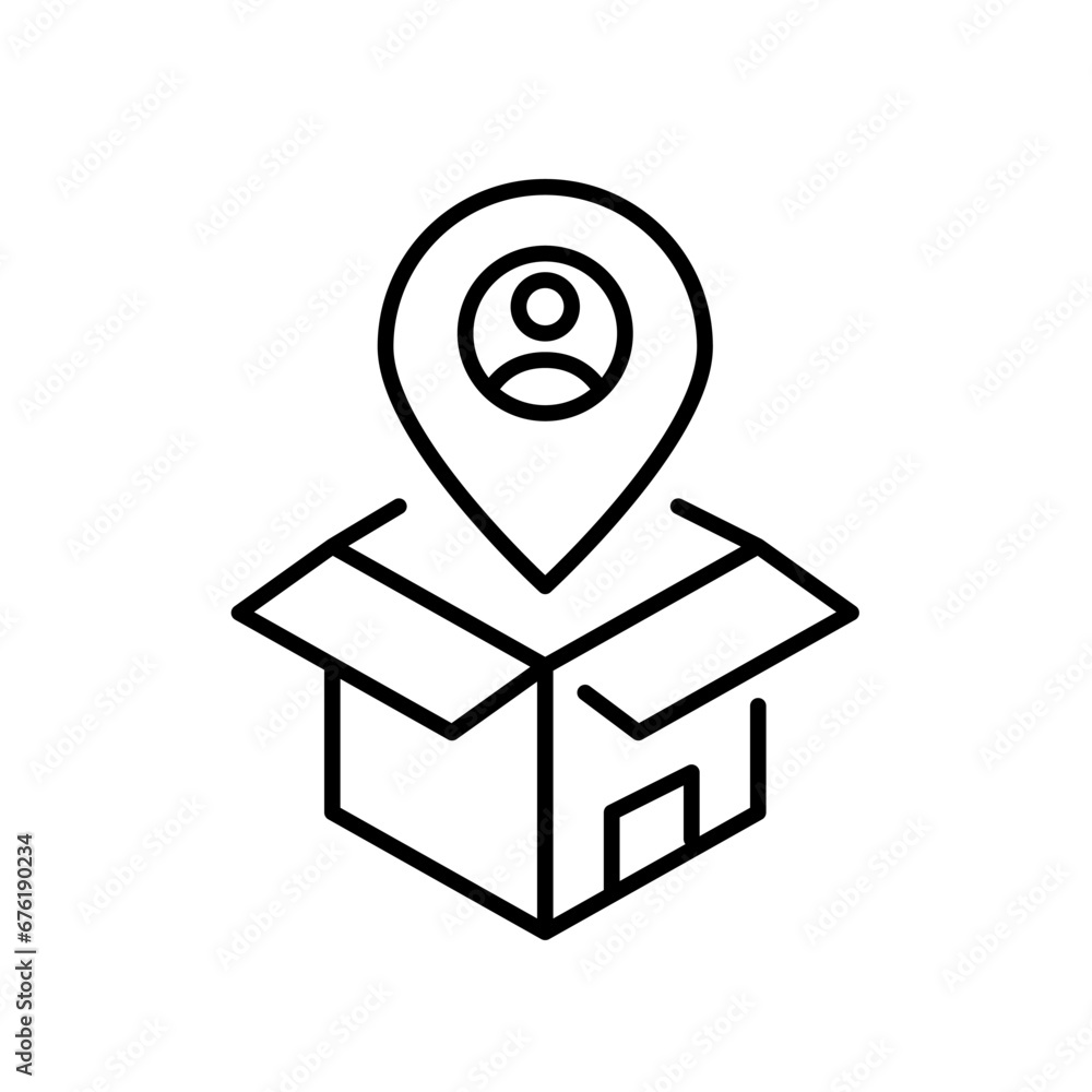 Poster door to door delivery. choosing address for store goods shipment. 3d box and map pointer with user s