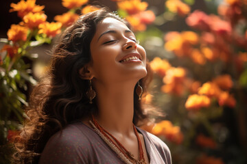 A Indian woman breathes calmly looking up enjoying spring air
