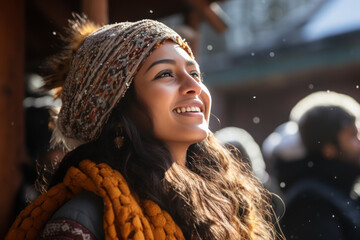 A Indian woman breathes calmly looking up enjoying winter season - obrazy, fototapety, plakaty