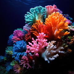 A cluster of rainbow-colored coral hosting a variety 
