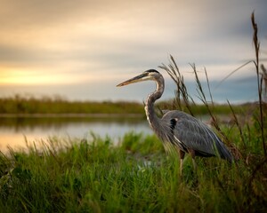 great blue heron in the marsh