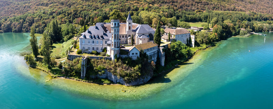 Aerial view of Abbey of Hautecombe, or Abbaye d'Hautecombe, in Savoie, France