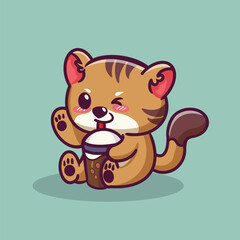 cute cat drink milk tea boba cartoon