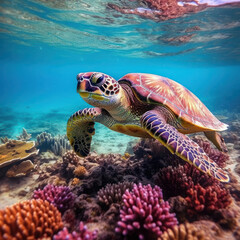 Naklejka na ściany i meble A turquoise turtle ambling along a rainbow-hued reef 