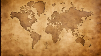 Fototapeta na wymiar Old World map on creased and stained sepia coloured parchment paper. generative AI.