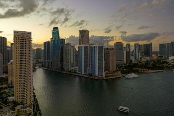 Evening urban landscape of downtown district of Miami Brickell in Florida, USA. Skyline with dark high skyscraper buildings in modern american megapolis
