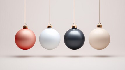 Christmas baubles hanging on gold chain with a minimal light background, modern pastel color theme, Xmas ornaments and decorations, holiday advertisement - season's greetings concept.