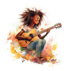 Obraz premium Cute cartoon African girl playing guitar, singing song Illustration, Generative Ai