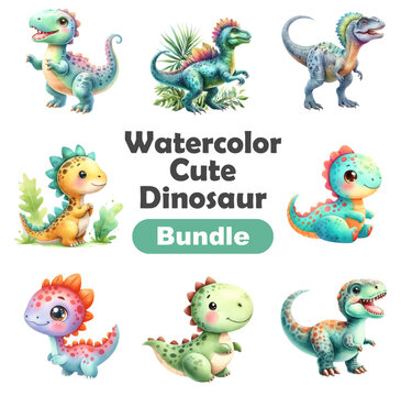 Watercolor illustration set of colorful dinosaurs