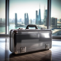 A sleek metal briefcase on a polished office floor 
