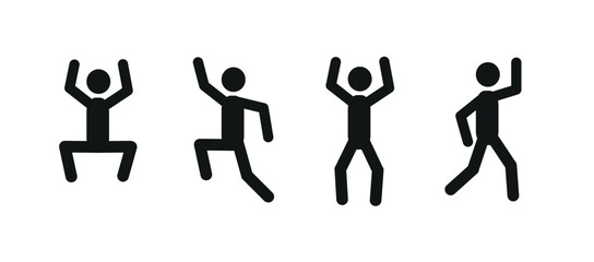 pictogram of a silhouette of a man on a white background, a set of icons of a happy figure of a man, hands up in different poses, flat  