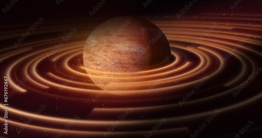 Poster abstract yellow brown space planet with a round asteroid belt ring futuristic hi-tech on the backgro