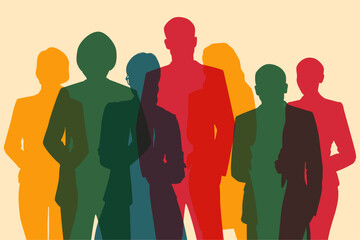 Colorful upper body silhouettes of people from many businessman as a population concept - obrazy, fototapety, plakaty