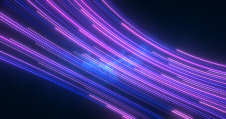 Abstract bright blue purple glowing flying waves from twisted lines energy magical background