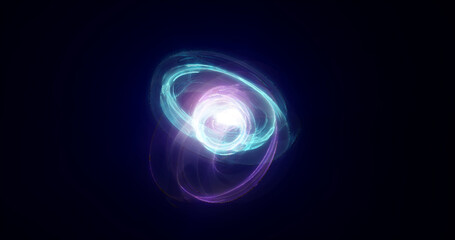 Abstract blue rings spheres from energy magic waves of smoke circles and glowing lines on a black background