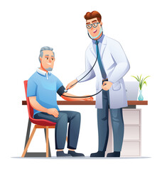 Doctor measuring blood pressure to elderly patient in clinic. Medical examination and healthcare concept. Vector cartoon character illustration