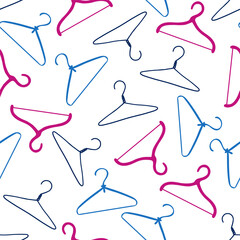 Hand drawn colorful hanger silhouettes seamless pattern on a white background. Doodle Sale clipart for wallpaper, cards, design.