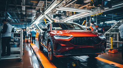Technicians in a car assembly plant are installing engines and welding sparks for cars on the production line inside the factory.