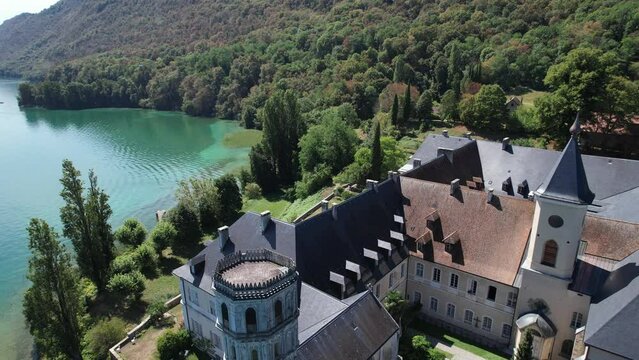 Aerial view of Abbey of Hautecombe, or Abbaye d'Hautecombe, in Savoie, France