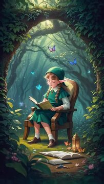 cute Elf in a green suit sits in a fairy forest and reads a book