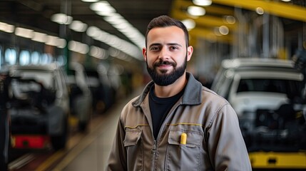 Fototapeta premium Technicians in a car assembly plant are installing engines and welding sparks for cars on the production line inside the factory.