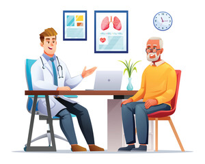 Doctor talking to elderly patient in hospital office. Medical consultation concept. Vector cartoon character illustration