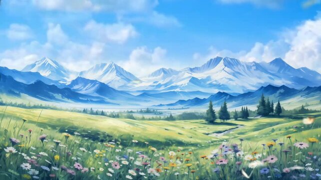 A seamless 4K time-lapse watercolor painting of a picturesque mountain range overlooking a vast, green grassland, with the seasons changing dynamically, showcasing the ever-shifting Ai Generated