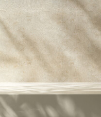 Modern, minimal empty white marble counter table top, in dappled sunlight, leaf shadow on cream...