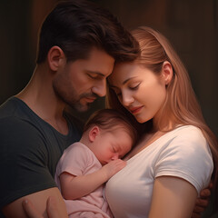 Father and mother with their infant baby, family love,