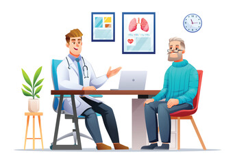 Doctor talking to elderly patient at hospital office. Medical consultation in clinic. Vector cartoon character illustration